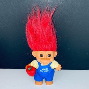 Russ Troll Doll Worlds Best Student Red Hair Apple Blue Overalls Toy Figure